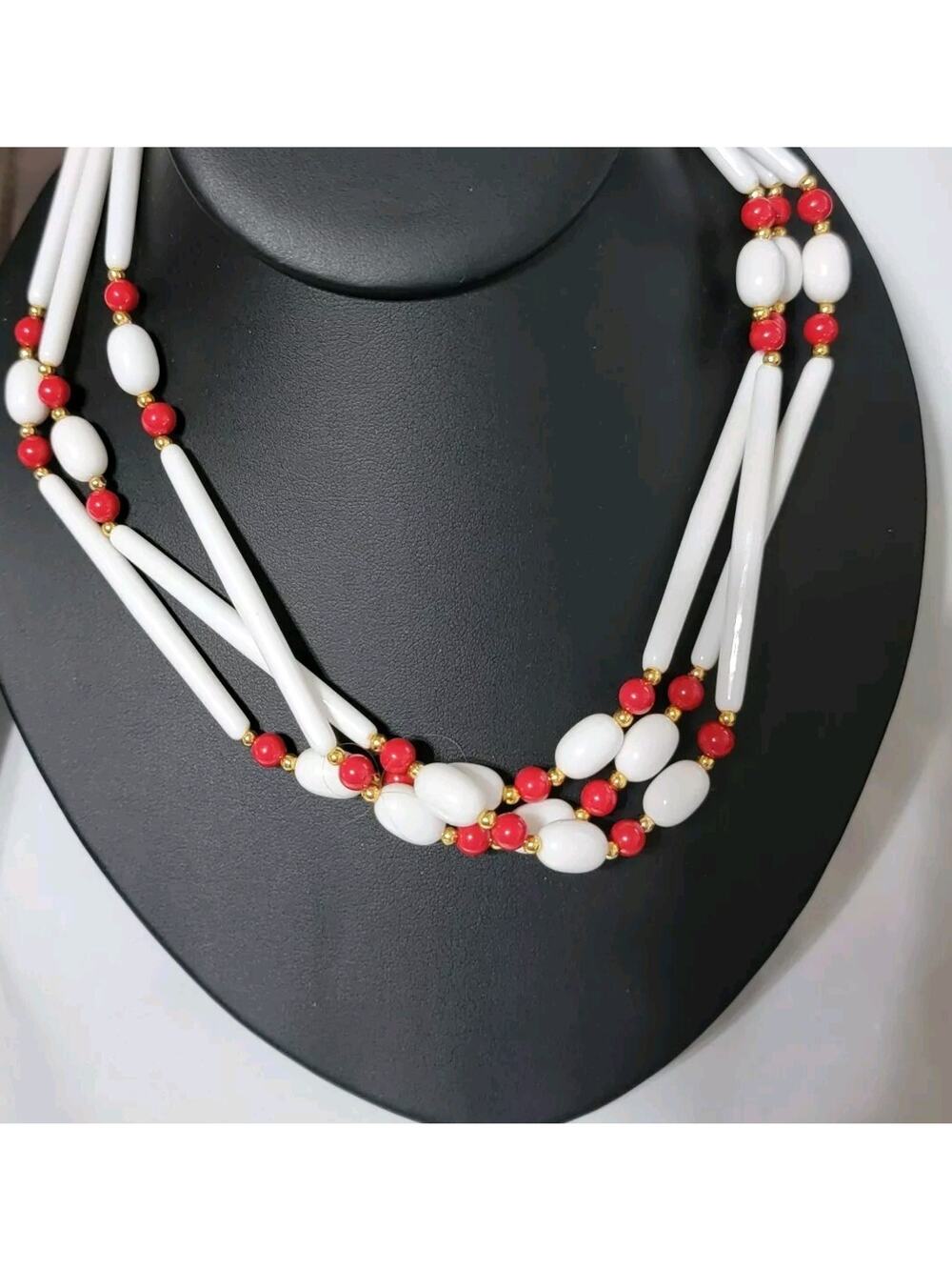 Vintage Triple Strand Beaded Necklace, Red & White 29 Long", 3 Strands rd01-18